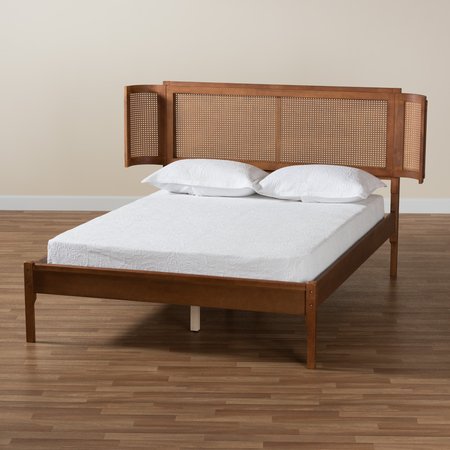 Baxton Studio Eridian MidCentury Modern Walnut Brown Finished Wood and Natural Rattan Queen Size Platform Bed 222-11891-ZORO